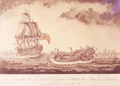 1794年6月1日、ウェサンの戦いで沈没した「ルベンガルデュプープル」 作： French School